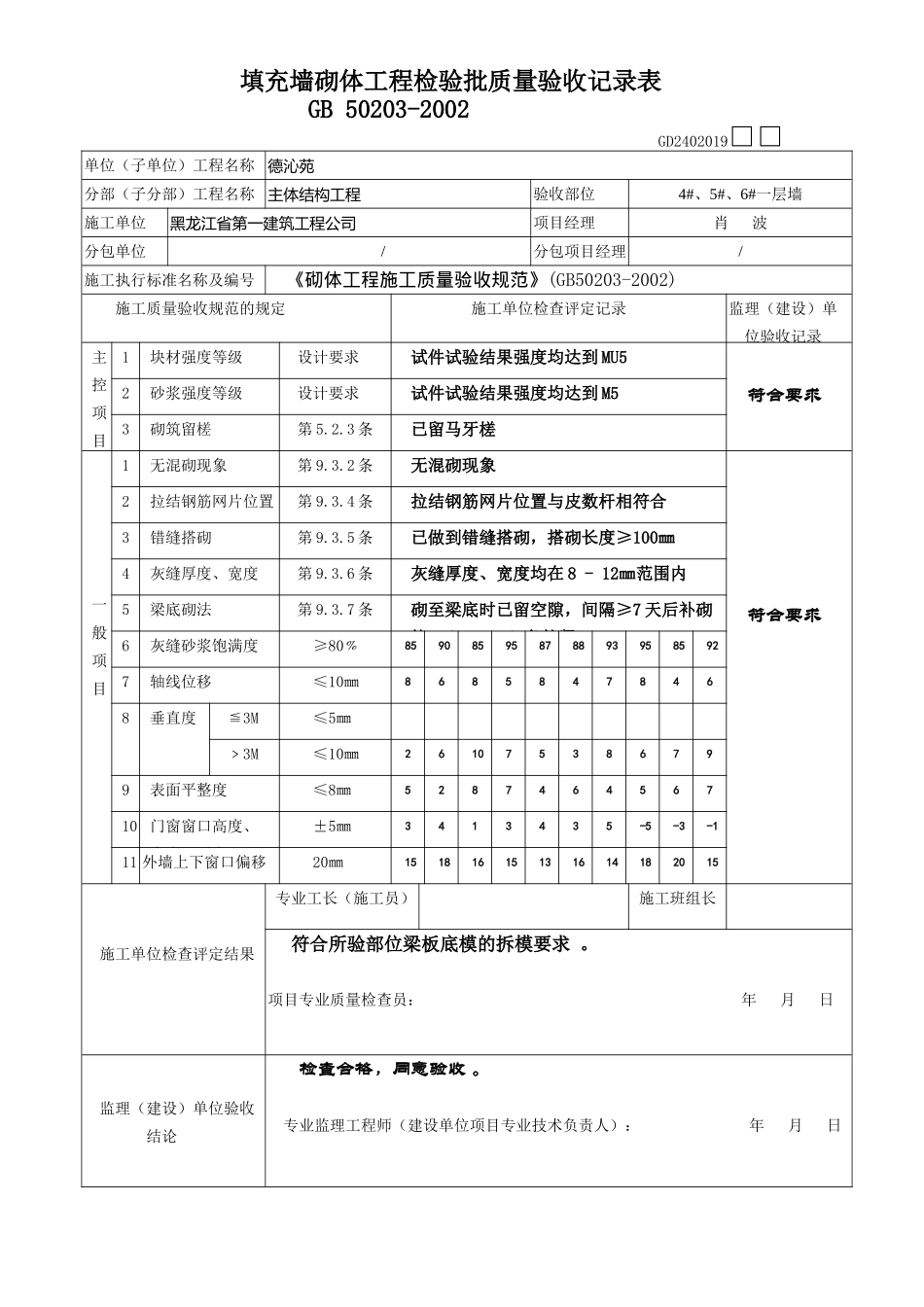 填充墙砌体工程检验批质量验收记录表（4#、5#、6#一层）.doc_第1页