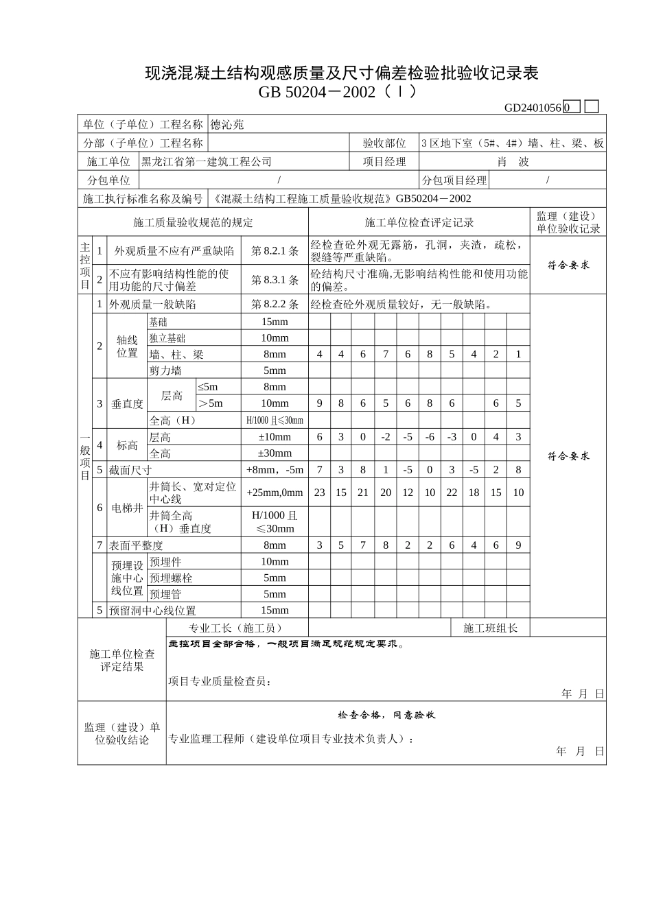 砼观感及尺寸偏差检验批（地下室梁板墙柱）.doc_第1页