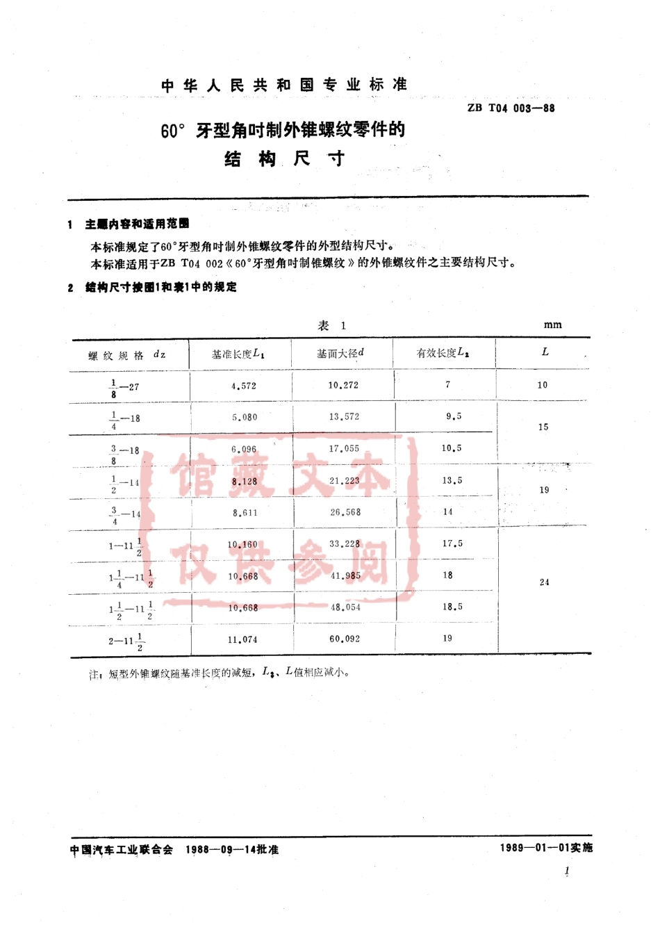 QC T 263-1999 60°牙型角吋制外锥螺纹零件的结构尺寸.pdf_第2页