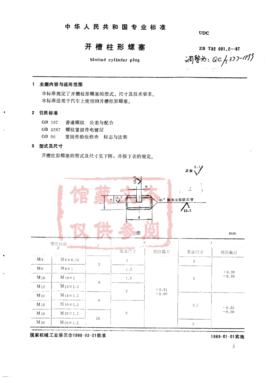 QC T 377-1999 开槽柱形螺塞.pdf_第1页