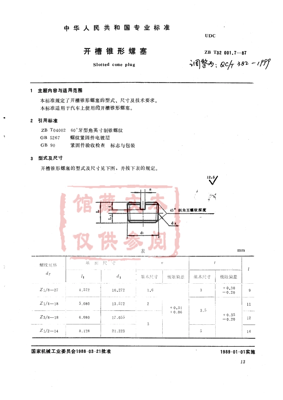 QC T 382-1999 开槽锥形螺塞.pdf_第1页