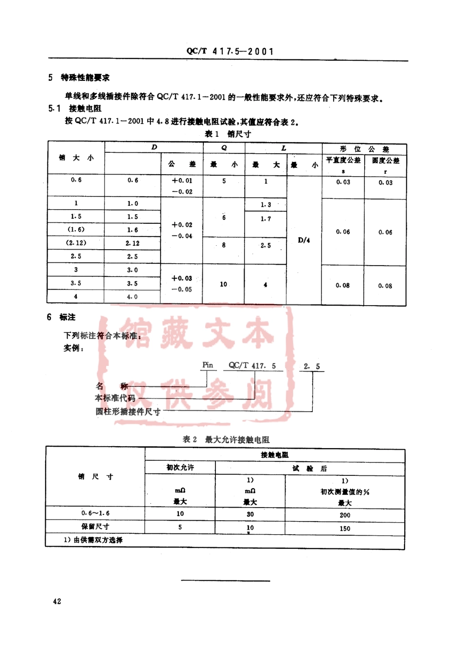 QC T 417.5-2001 车用电线束插接器 第5部分 用于单线和多线插接器的圆柱式插接件尺寸和特殊要求.pdf_第2页