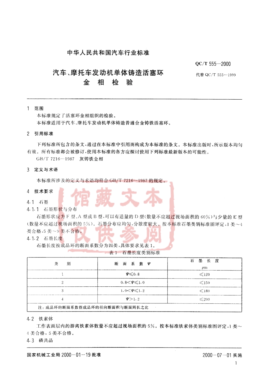 QC T 555-2000 汽车、摩托车发动机单体铸造活塞环金相检验.pdf_第2页