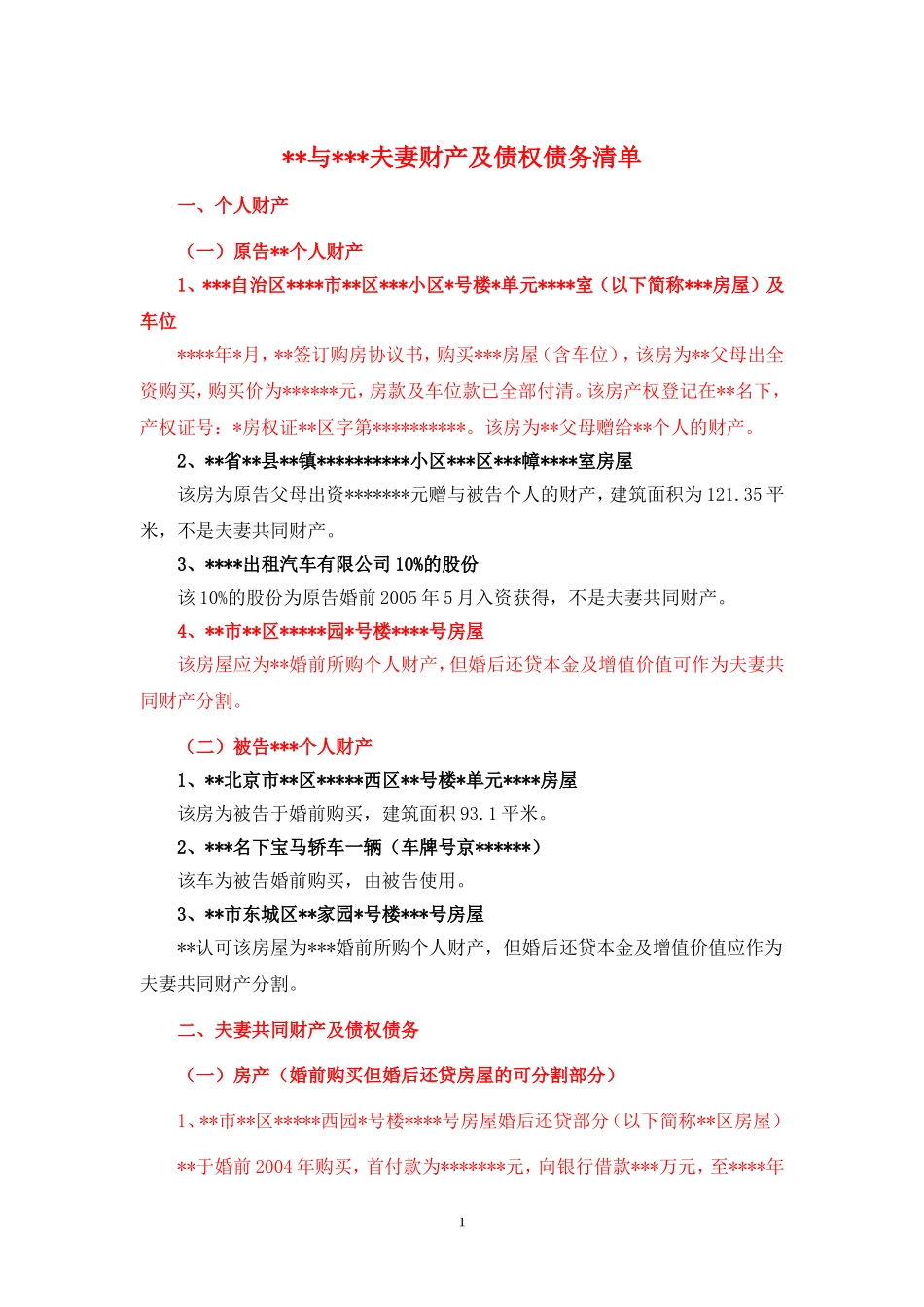 【法律学堂】文书18：财产清单（离婚纠纷）-ldfjxs004.doc_第1页