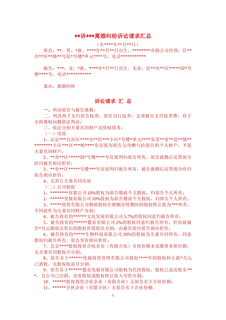 【法律学堂】文书19：诉讼请求汇总（离婚纠纷）-ldfjxs004.docx_第1页