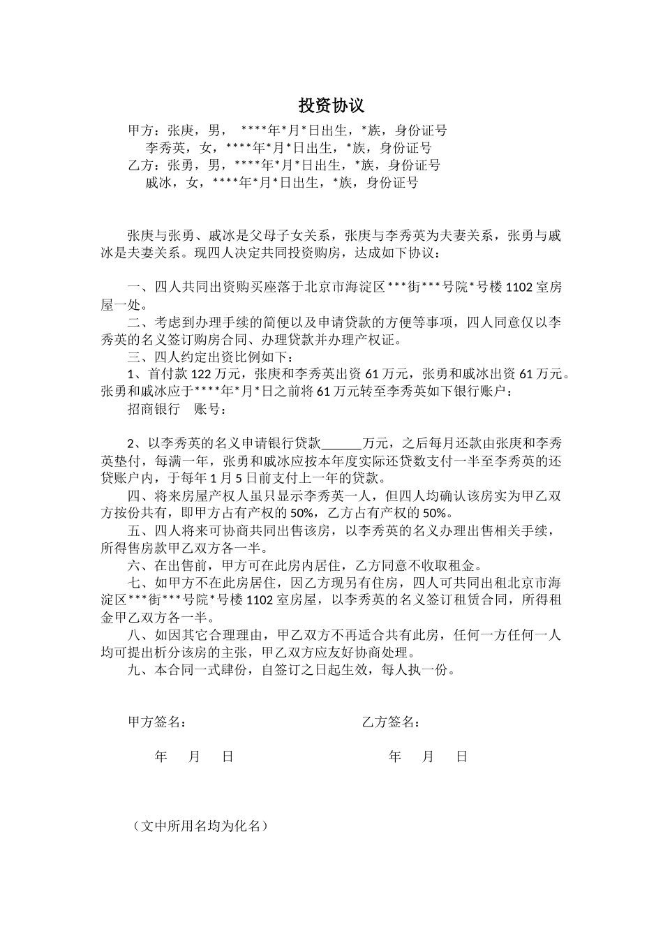 【法律学堂】文书68：投资协议-ldfjxs004.docx_第1页