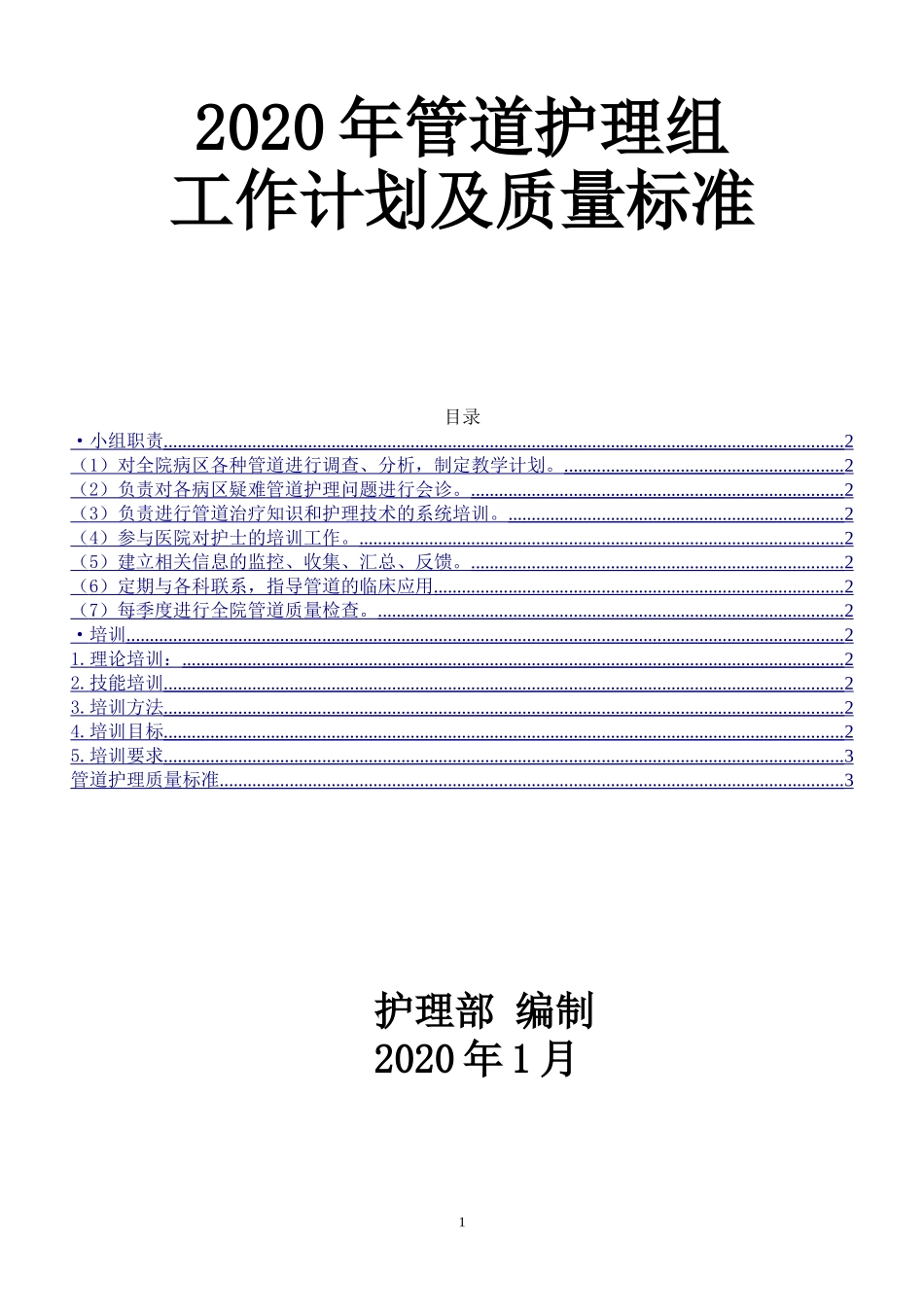 医院管道导管护理工作计划及质量评价标准细则.doc_第1页