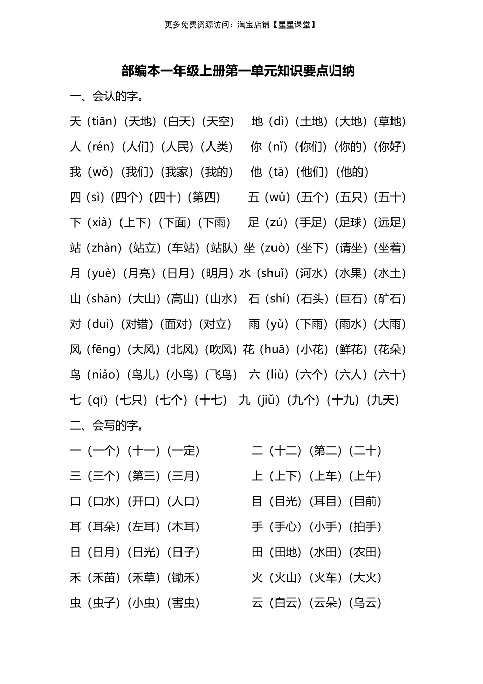 人教版一年级上册第一单元知识要点归纳(1).pdf_第1页