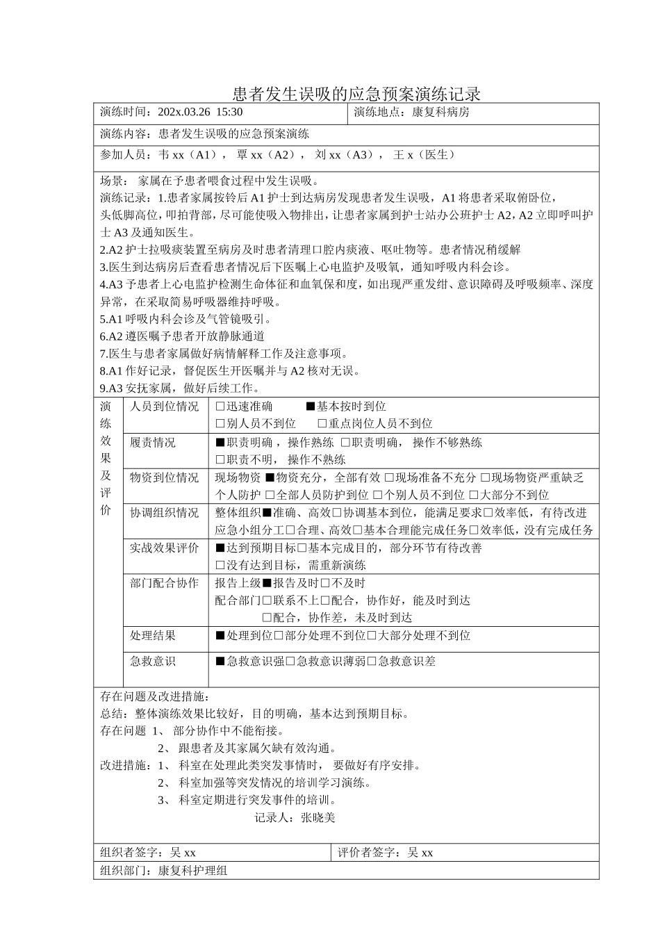 患者发生误吸的应急演练脚本记录表.doc_第1页