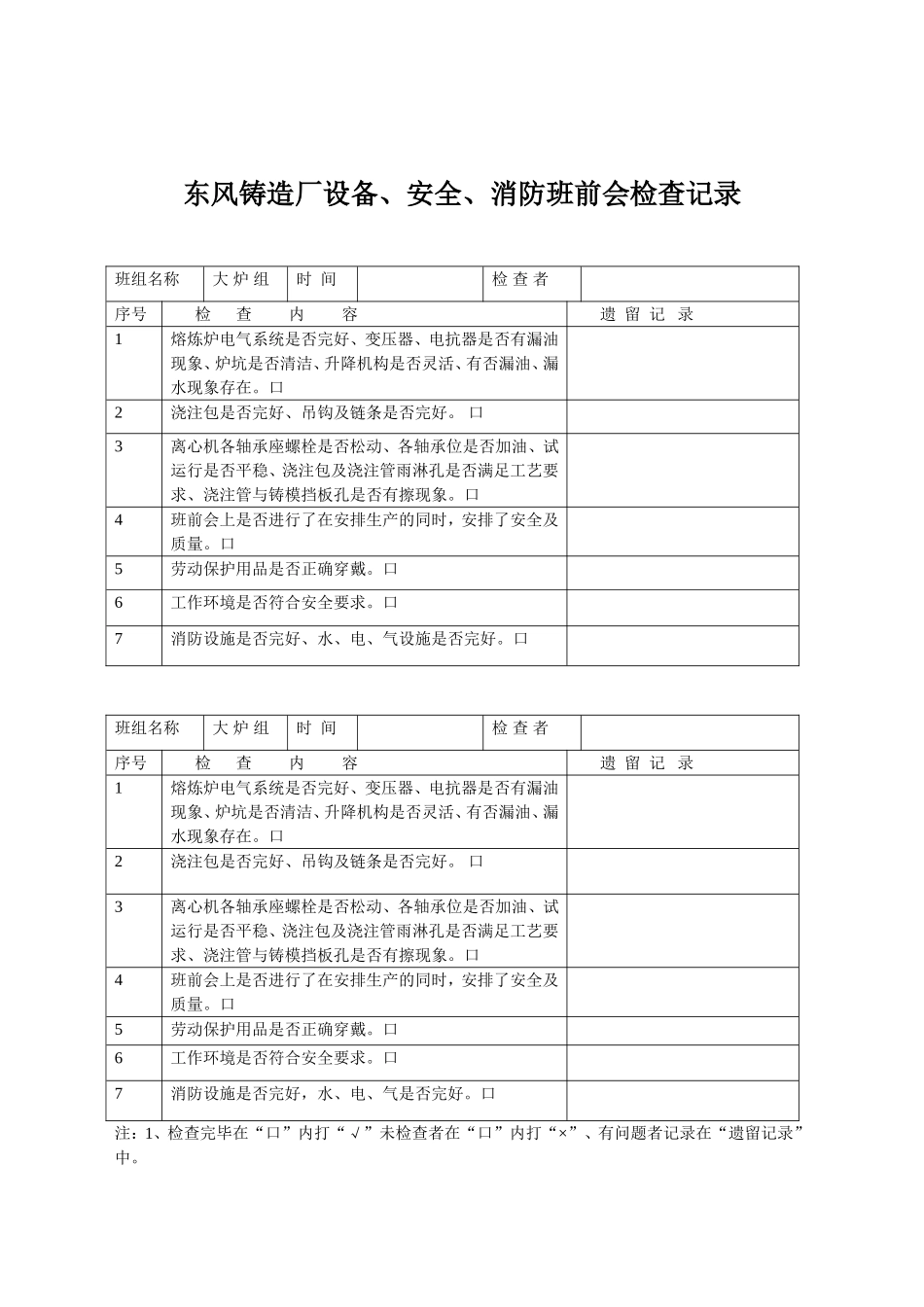 5.东风铸造厂设备、安全、消防班前会检查记录.doc_第1页