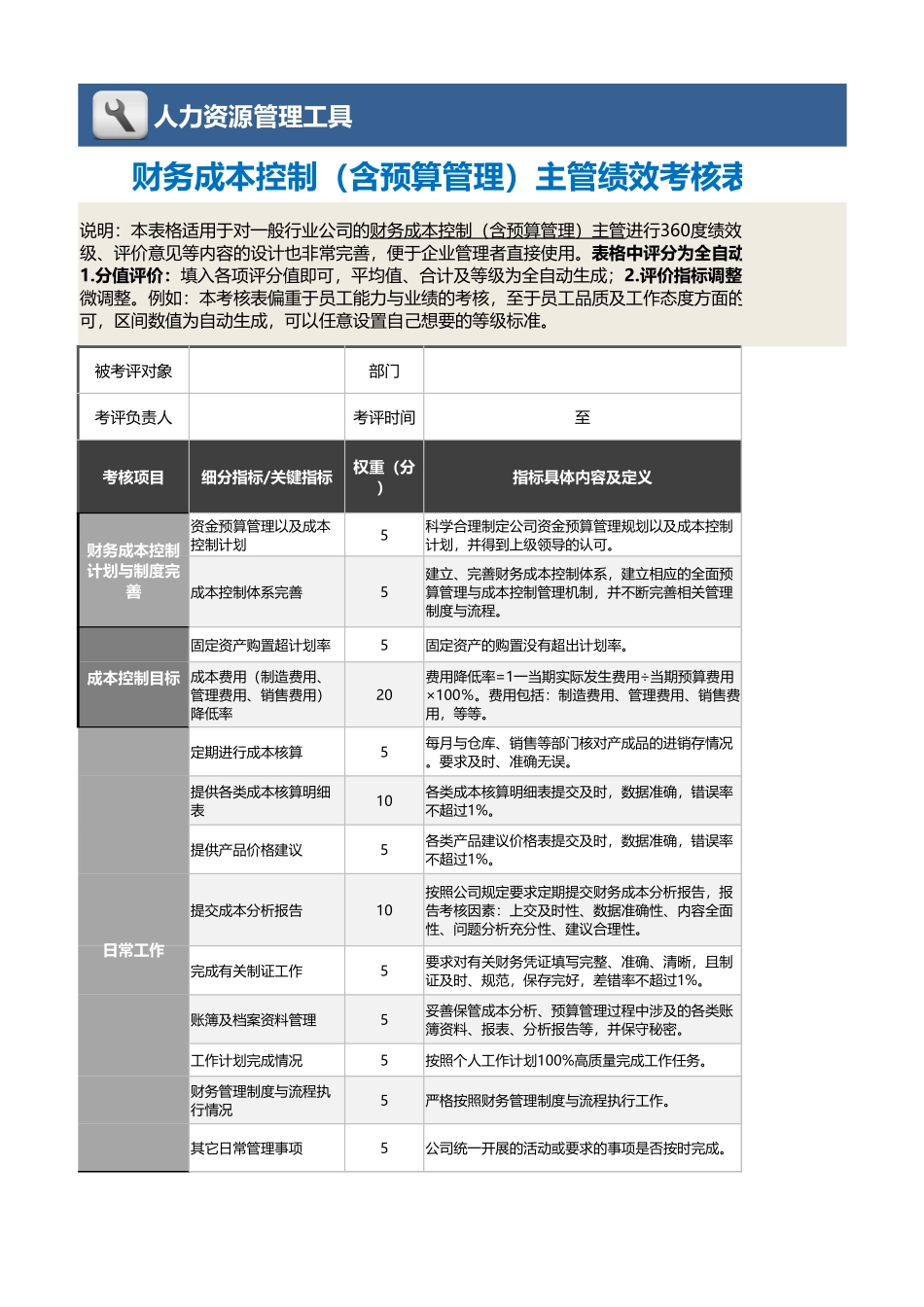 03-财务成本控制（含预算管理）主管绩效考核表（自动）.xlsx_第1页