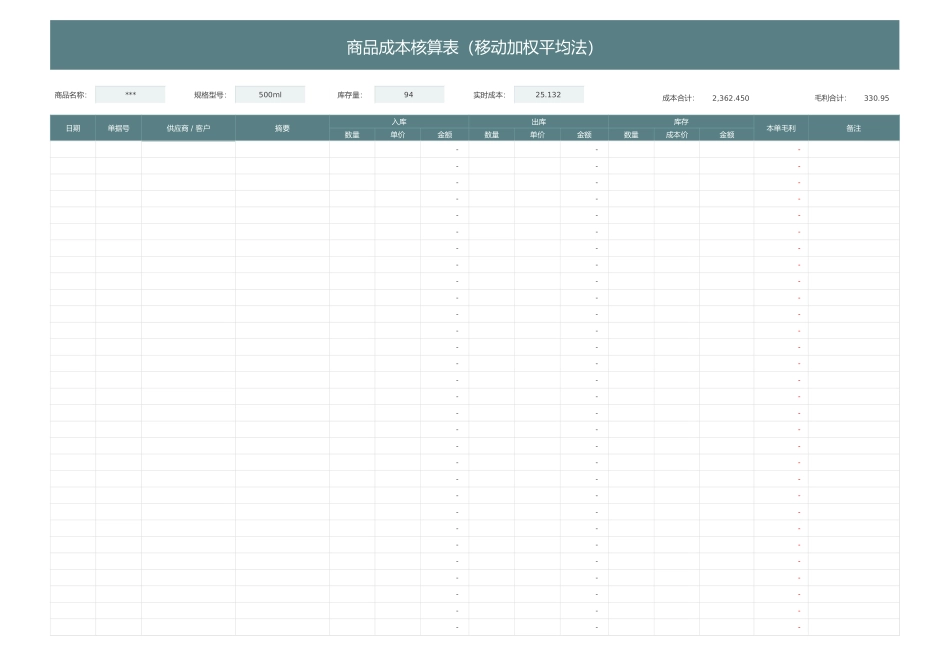 190成本核算表（移动加权平均法）.xlsx_第2页