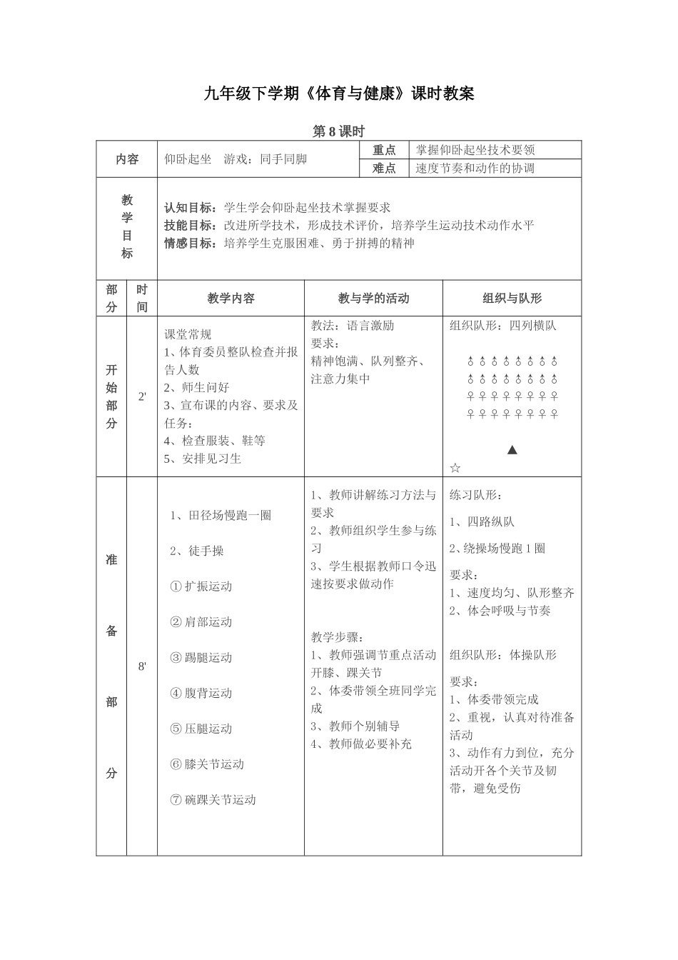 九年级《体育与健康》仰卧起坐--游戏同手同脚.doc_第1页