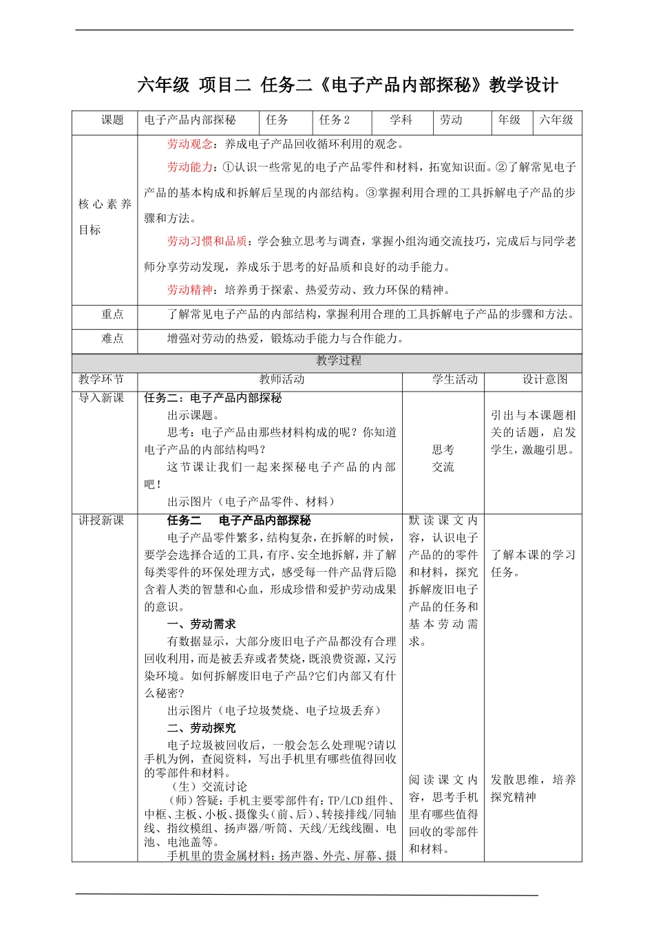 【核心素养目标】浙教版六年级《劳动》项目二 任务二《电子产品内部探秘》教案.doc_第1页