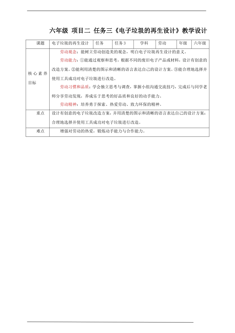 【核心素养目标】浙教版六年级《劳动》项目二 任务三《电子垃圾的再生设计》教案.doc_第1页