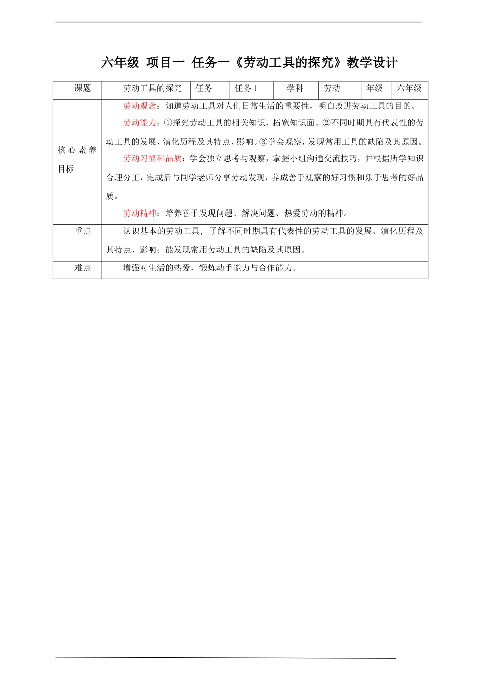 【核心素养目标】浙教版六年级《劳动》项目一 任务一《劳动工具的探究》教案.doc_第1页