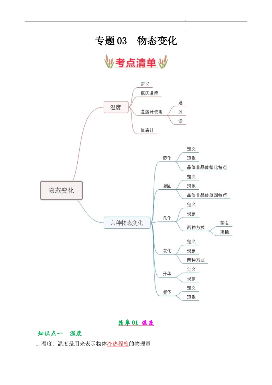 第三章 物态变化【考点清单】（解析版）-2023-2024学年八年级物理上学期期中考点大串讲（人教版）.docx_第1页