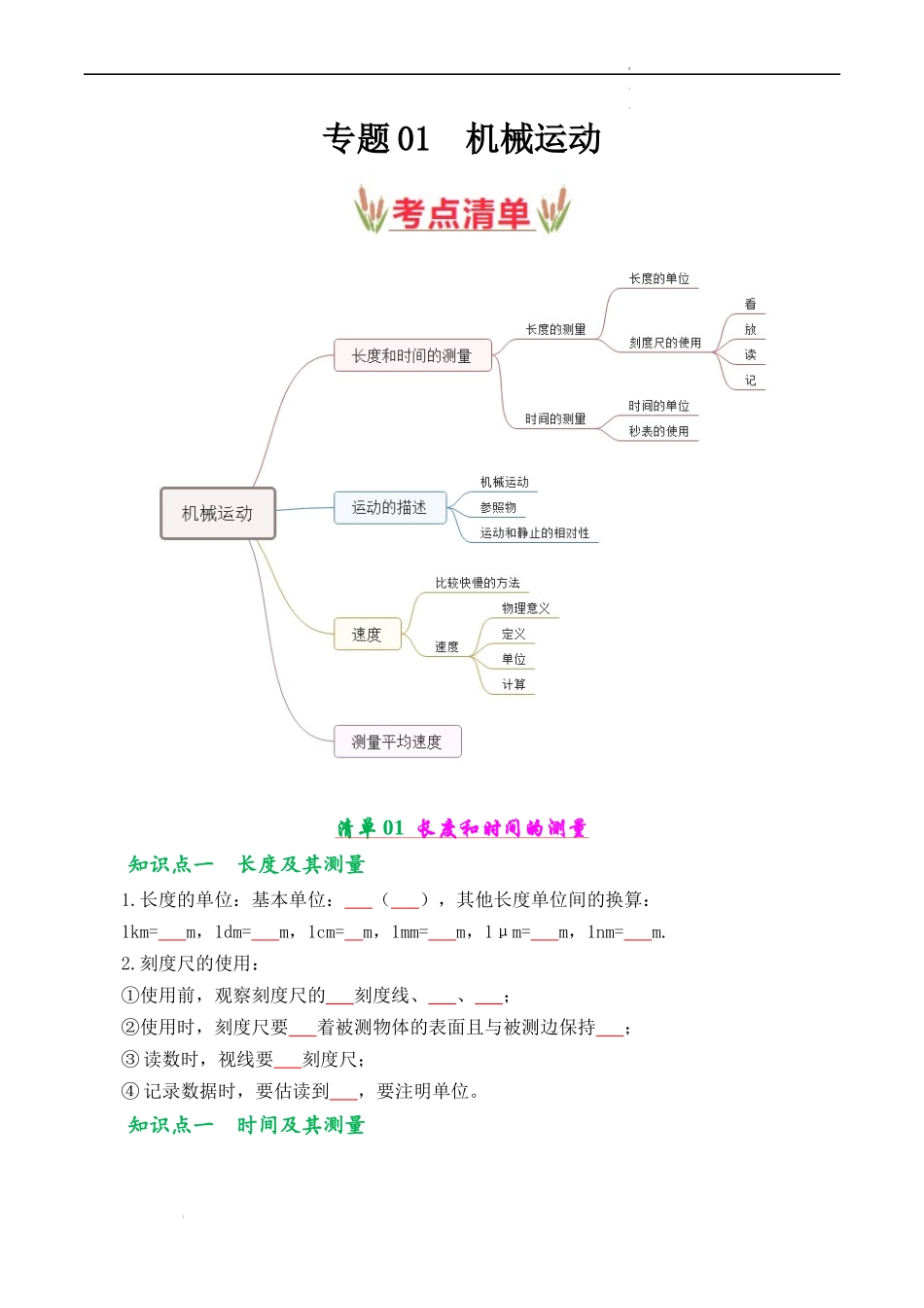 第一章 机械运动【考点清单】（原卷版）-2023-2024学年八年级物理上学期期中考点大串讲（人教版）.docx_第1页