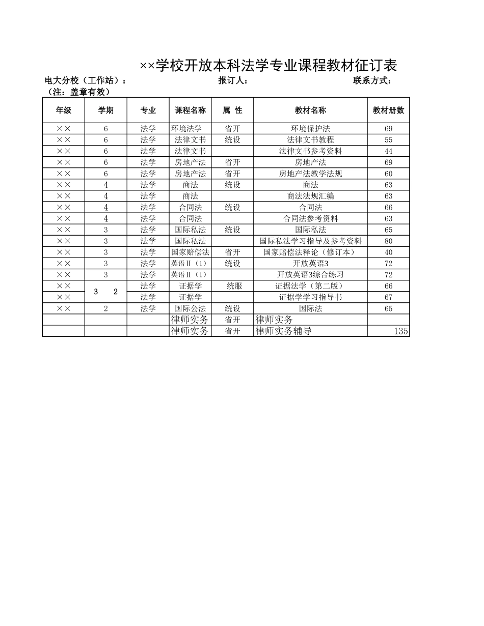 学校开放本科法学专业课程教材征订表【山大教育】.xls_第1页