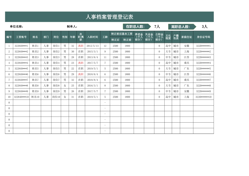 02-【管理表格】-03-人事档案管理登记表.xlsx_第1页