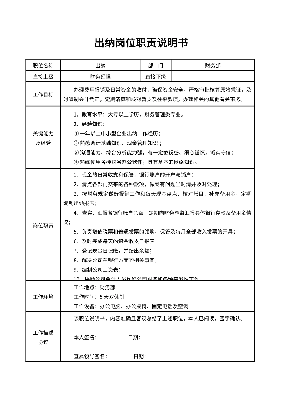 07-03财务出纳员岗位职责说明书.docx_第1页