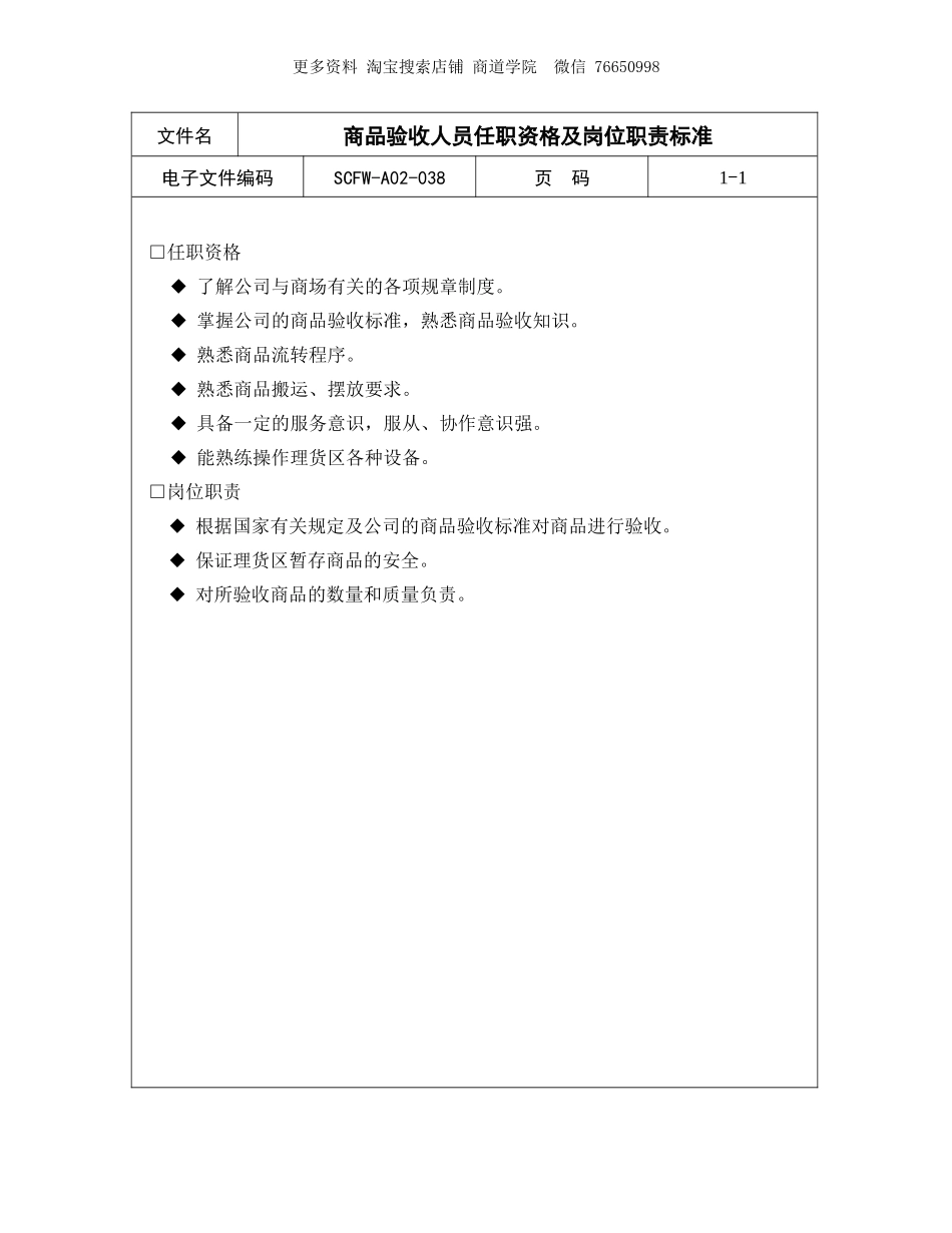 商品验收人员任职资格及岗位职责标准.doc_第1页