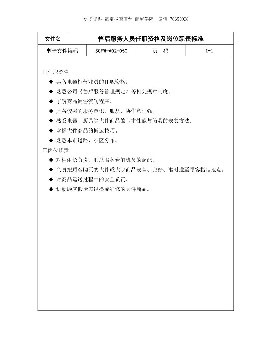 售后服务人员任职资格及岗位职责标准.doc_第1页