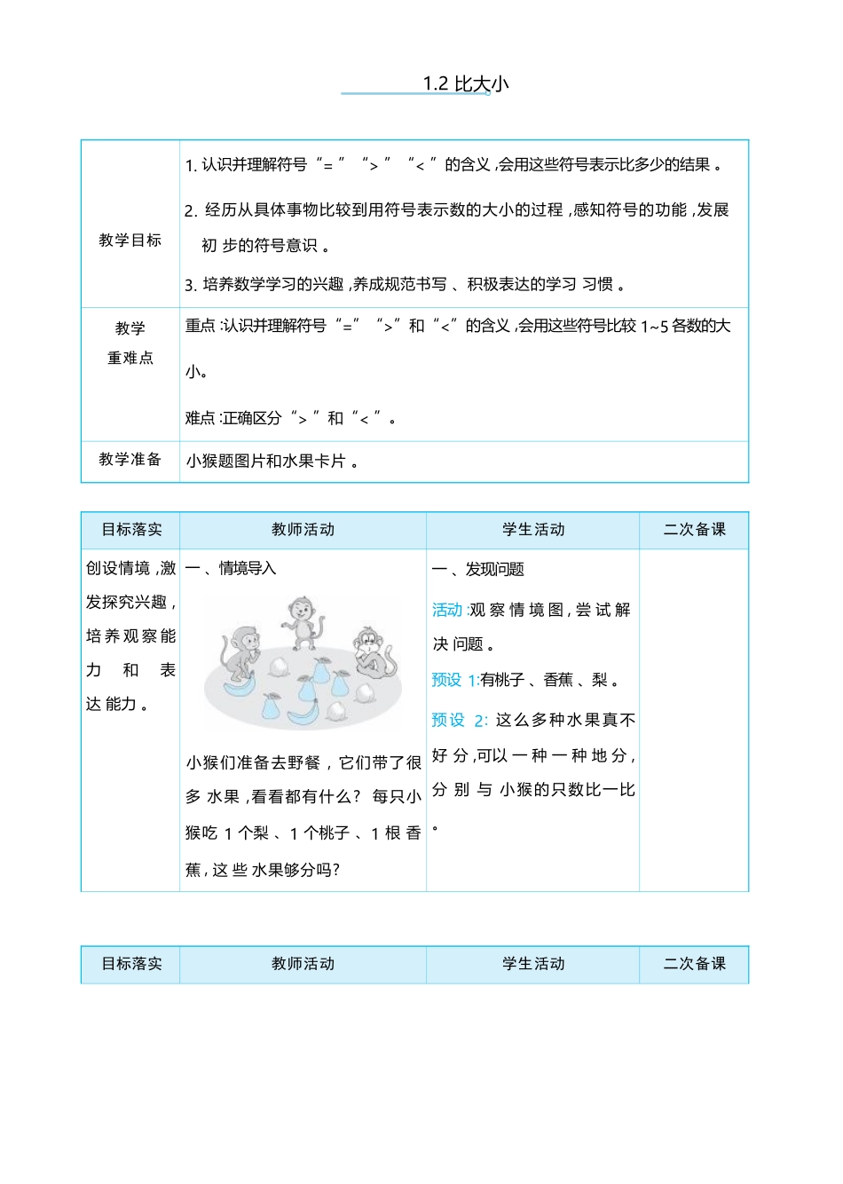 1.2 比大小 大单元整体教学设计(表格式）人教版（2024）数学一年级上册.docx_第1页