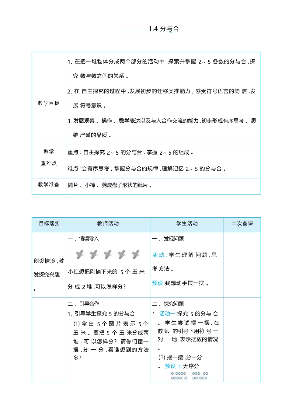 1.4 分与合 大单元整体教学设计(表格式）人教版（2024）数学一年级上册.docx_第1页