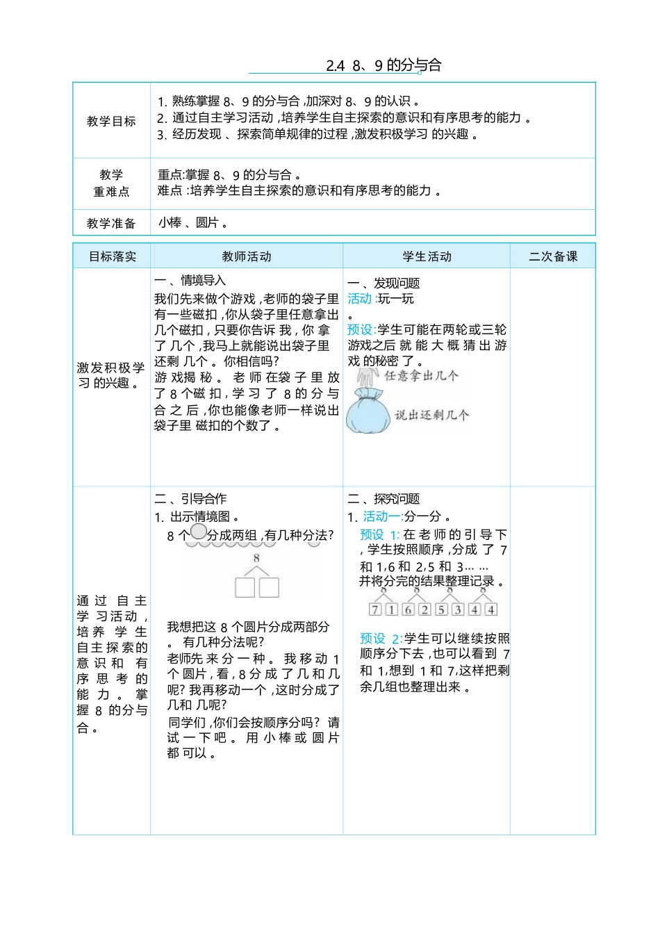 2.4  8、9 的分与合 大单元整体教学设计(表格式）人教版（2024）数学一年级上册.docx_第1页