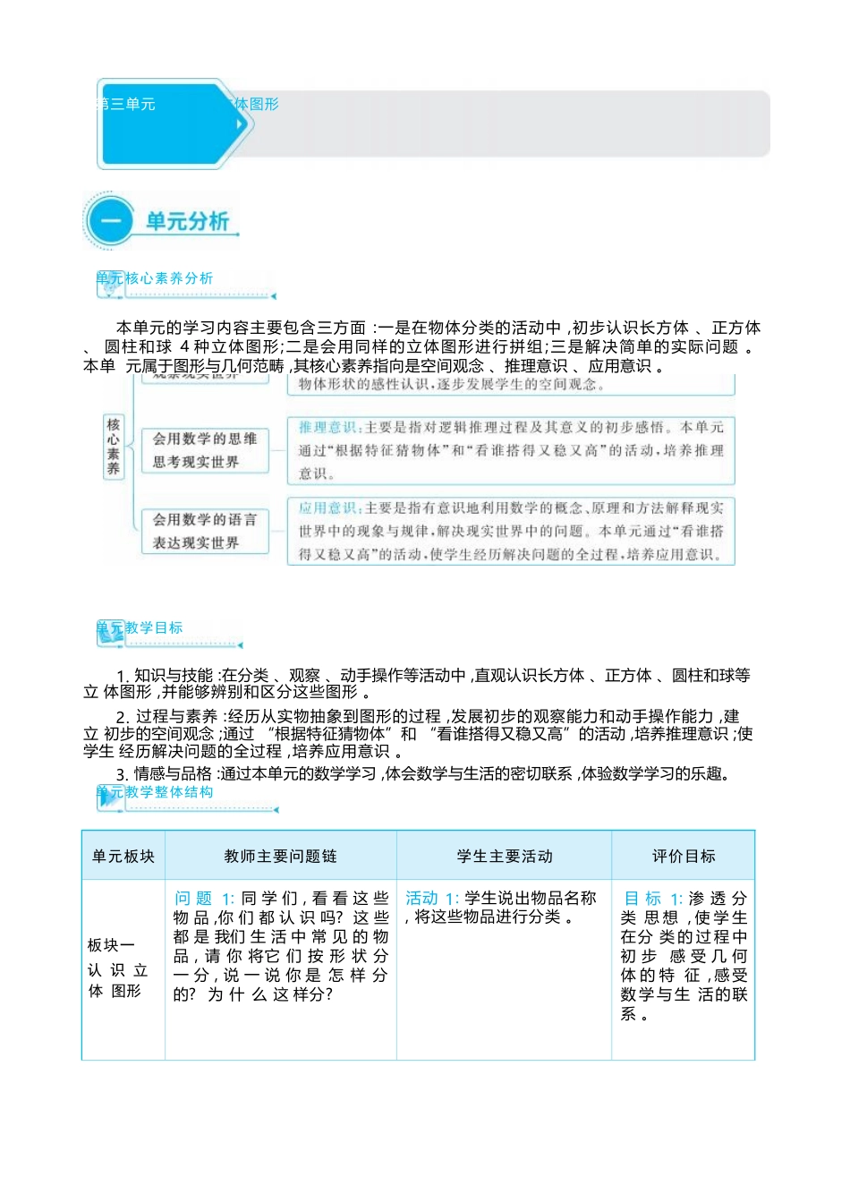 3.1 认识立体图形 大单元整体教学设计(表格式）人教版（2024）数学一年级上册.docx_第1页