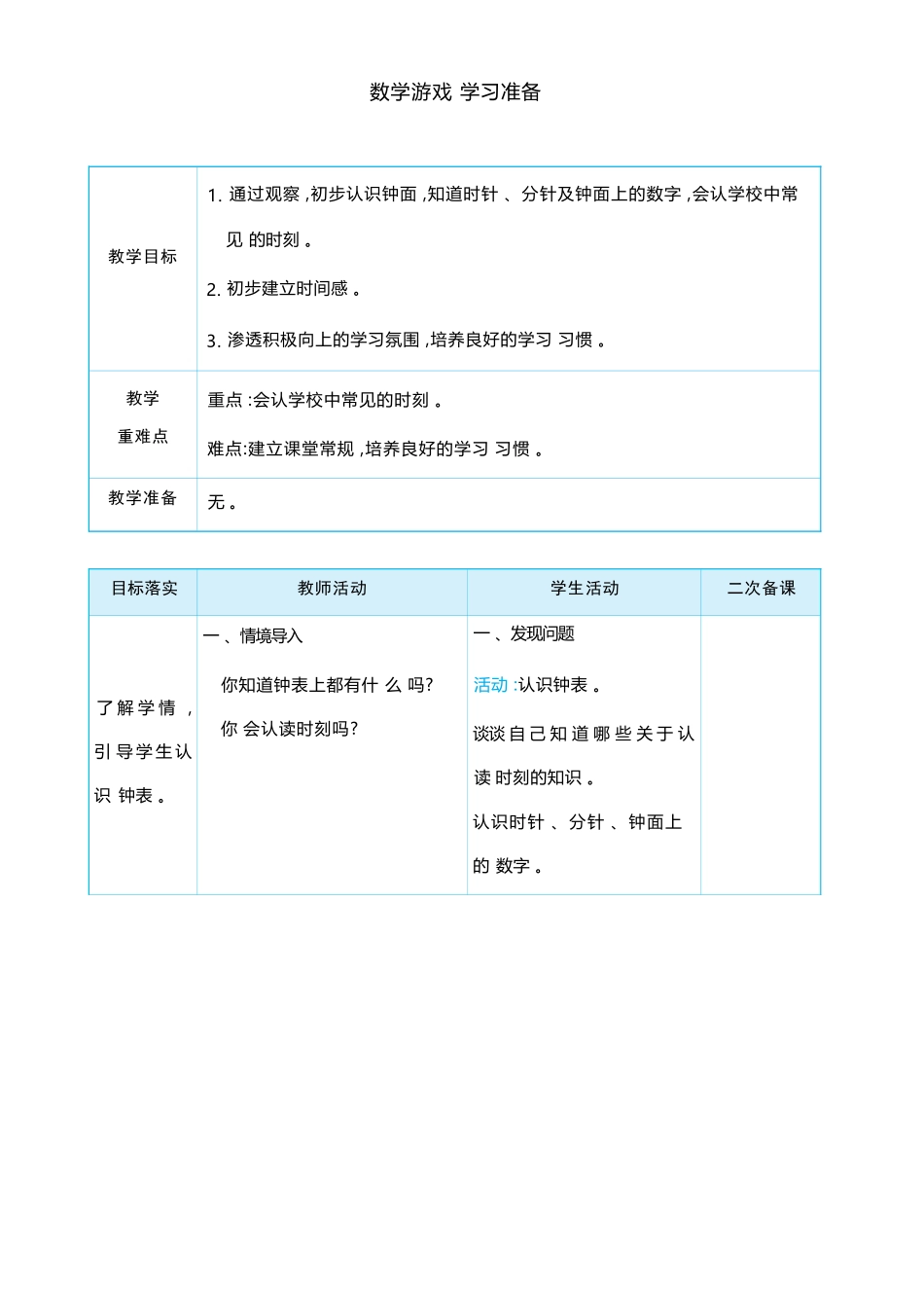 数学游戏 学习准备大单元整体教学设计(表格式）人教版（2024）数学一年级上册.docx_第1页