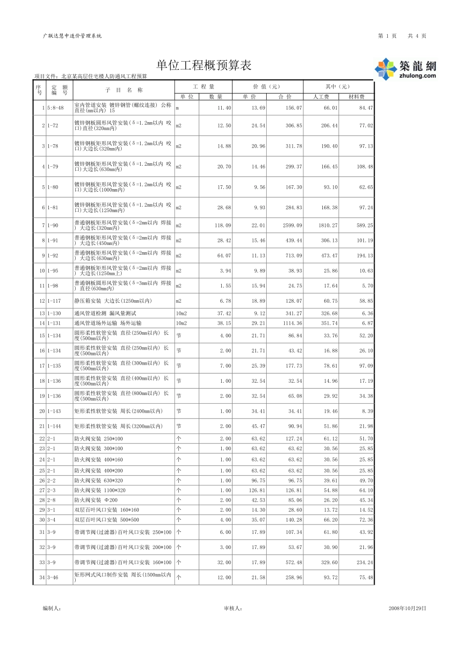 2025年精选优质工程资料：北京某高层住宅楼通风工程预算.xls_第1页