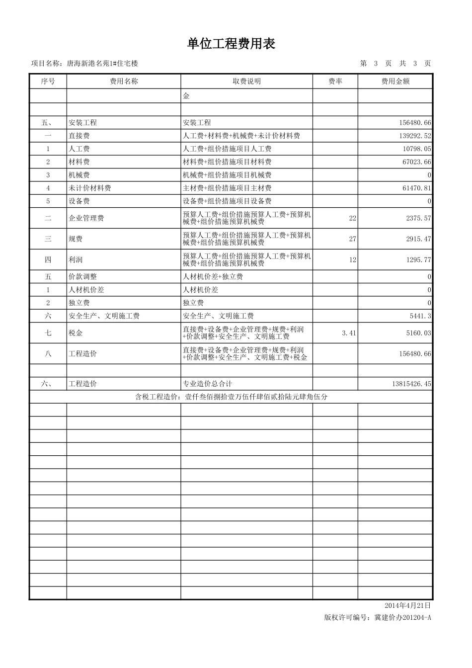 2025年精选优质工程资料：单位工程费用表(多专业取费).xls_第3页