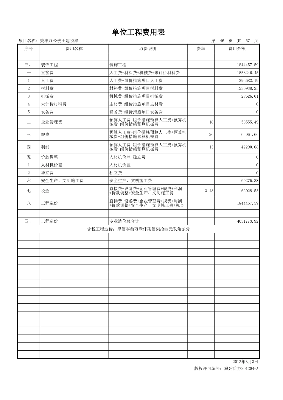 2025年精选优质工程资料：单位工程费用表.xls_第2页