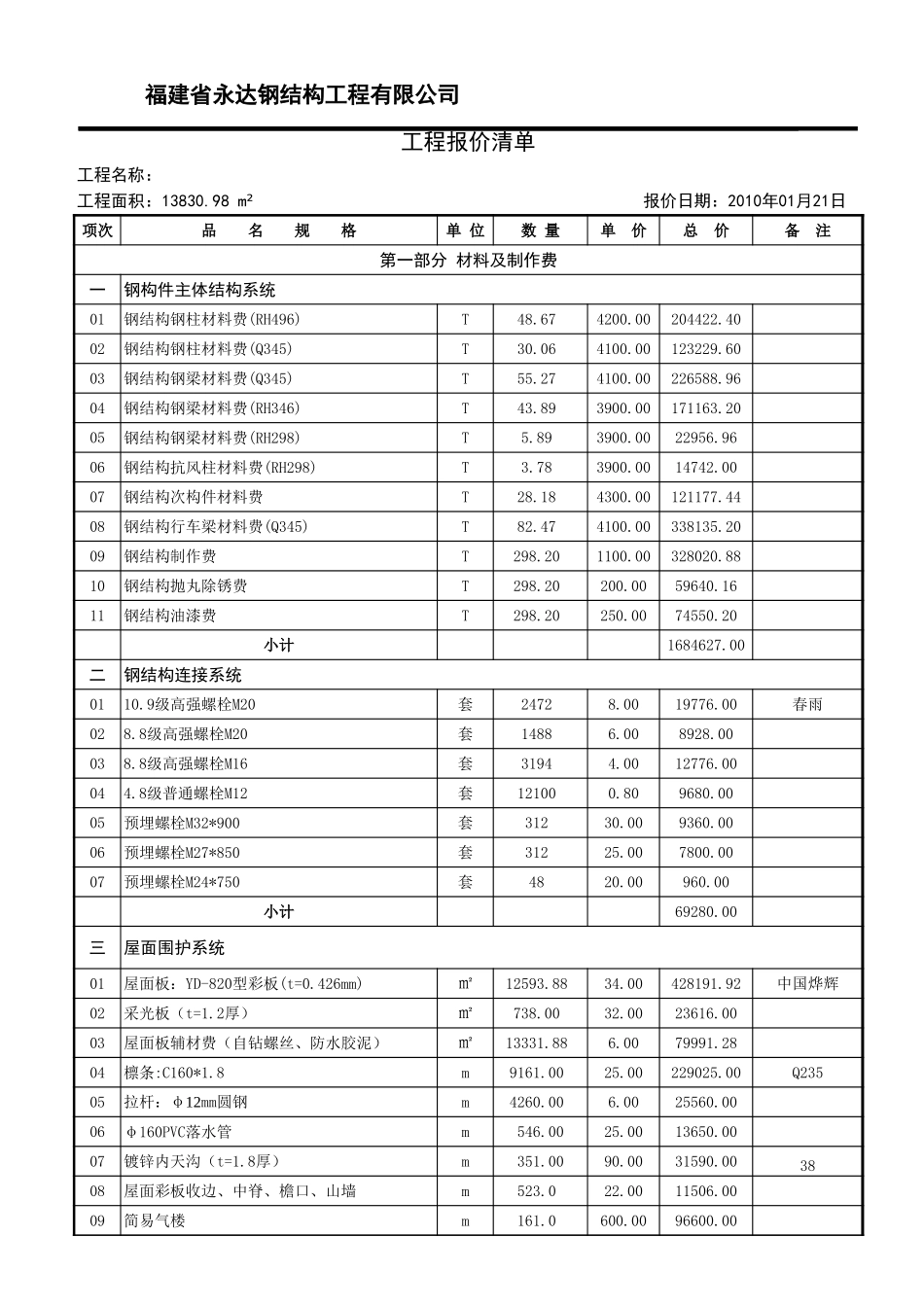 2025年精选优质工程资料：某某公司钢结构厂房报价单12.xls_第1页