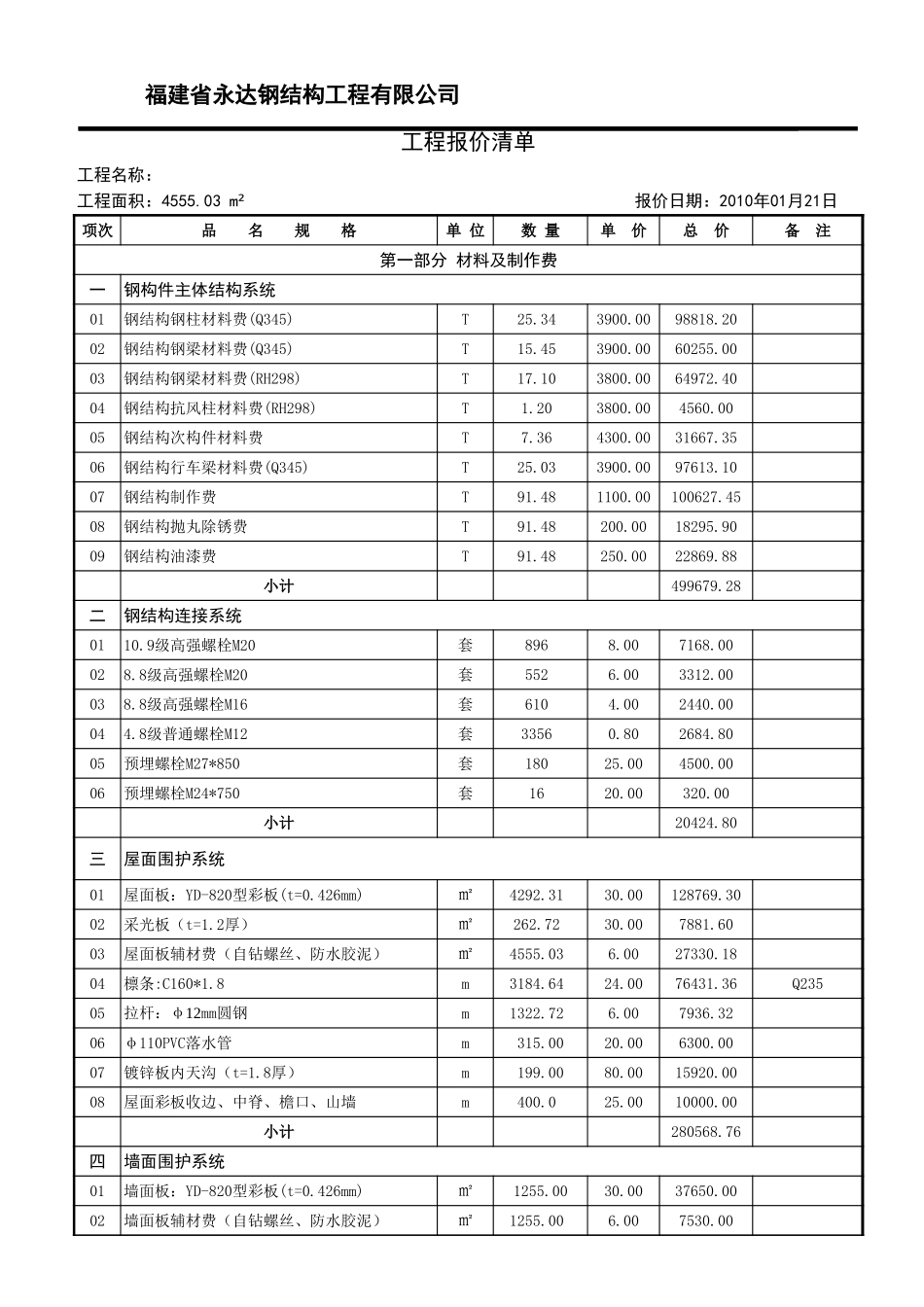 2025年精选优质工程资料：某某公司钢结构厂房报价单12.xls_第3页