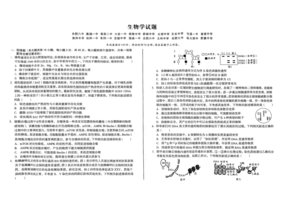 安徽省2024-2025学年高三下学期开学考试生物试题.pdf_第1页