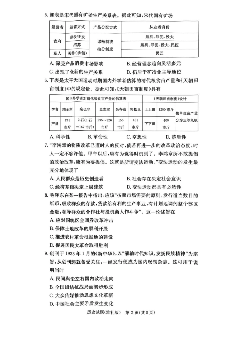 湖南省长沙市雅礼中学2025届高三月考试卷（六）历史试卷+答案.pdf_第2页