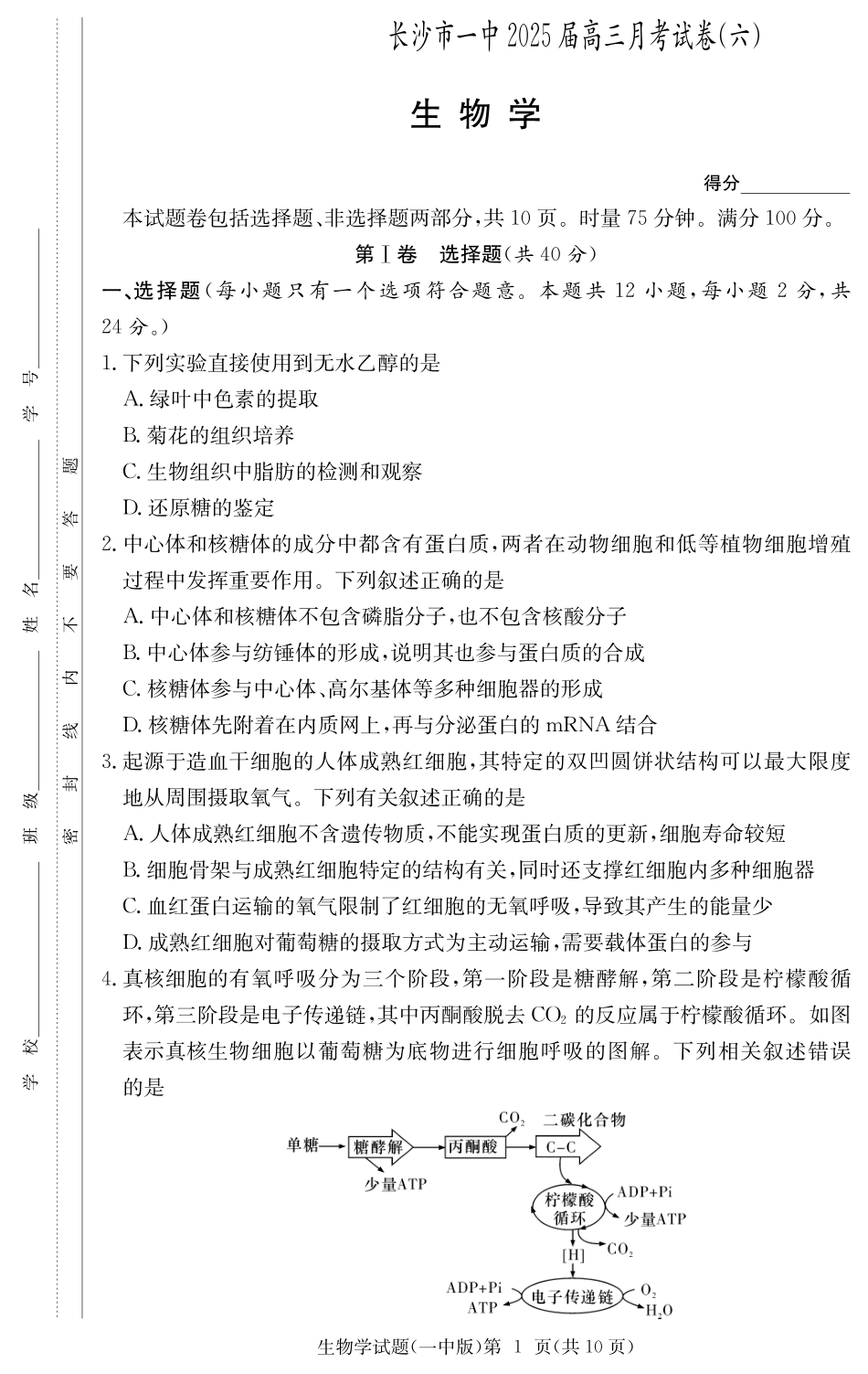 炎德英才大联考长沙市一中 2025 届高三月考试卷（六）生物试题.pdf_第1页