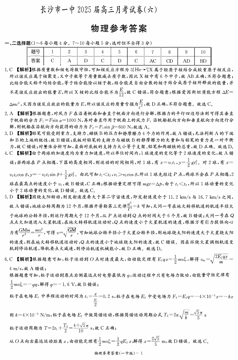 炎德英才大联考长沙市一中 2025 届高三月考试卷（六）物理答案.pdf_第1页