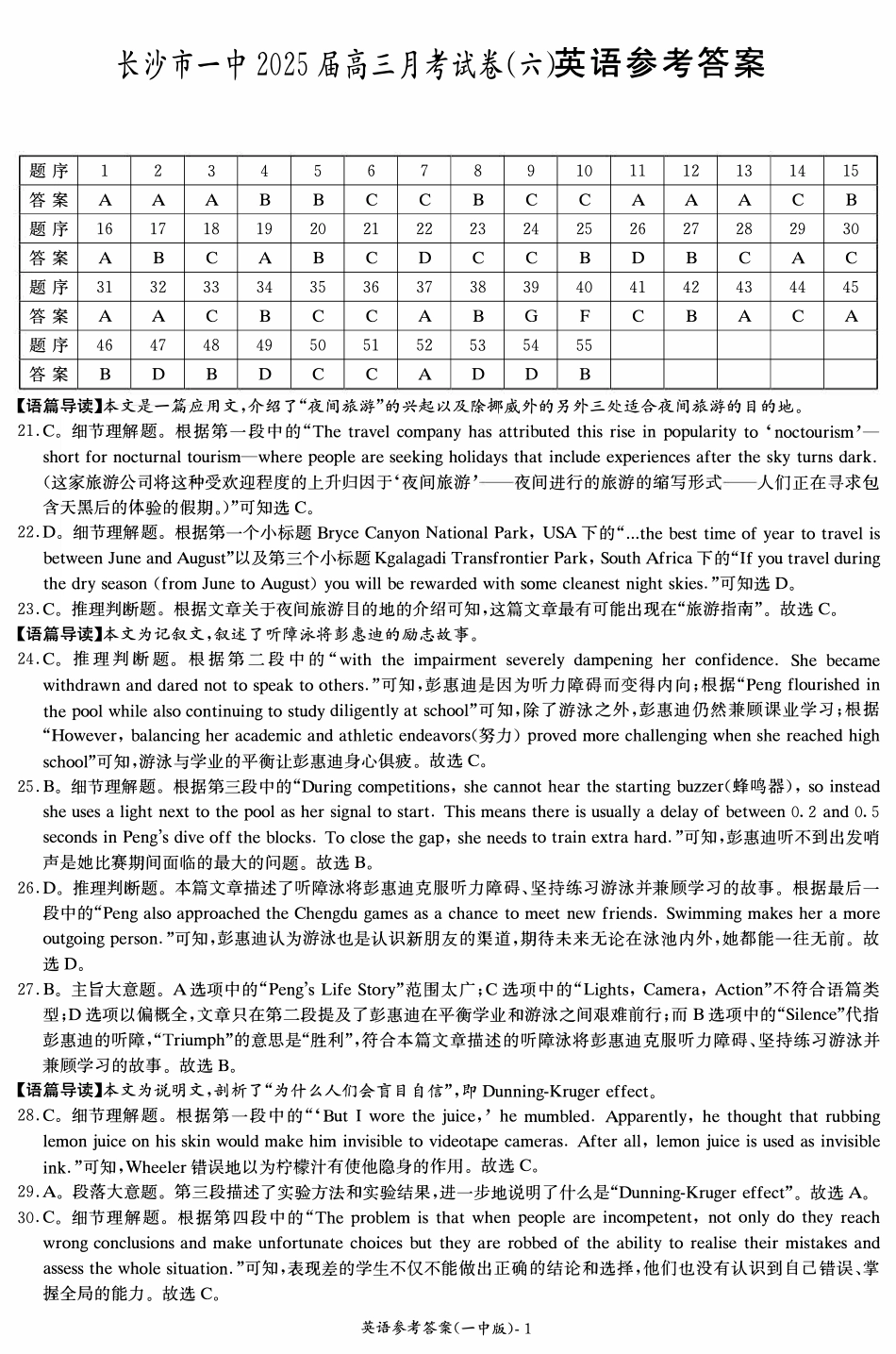 炎德英才大联考长沙市一中 2025 届高三月考试卷（六）英语答案.pdf_第1页