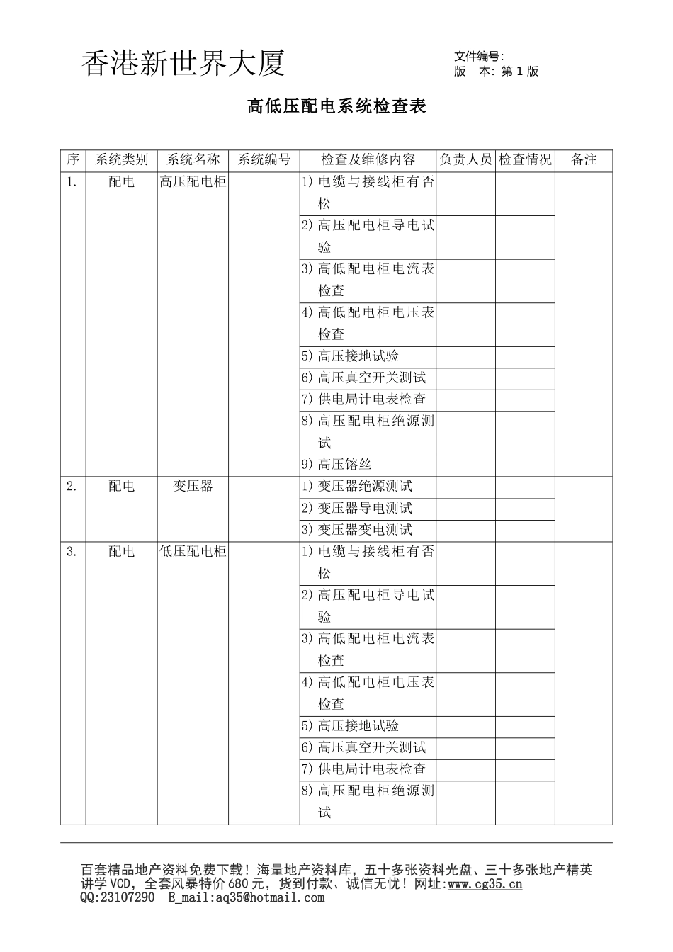 2025年工程建设资料：高低压配电系统检查表.doc_第1页