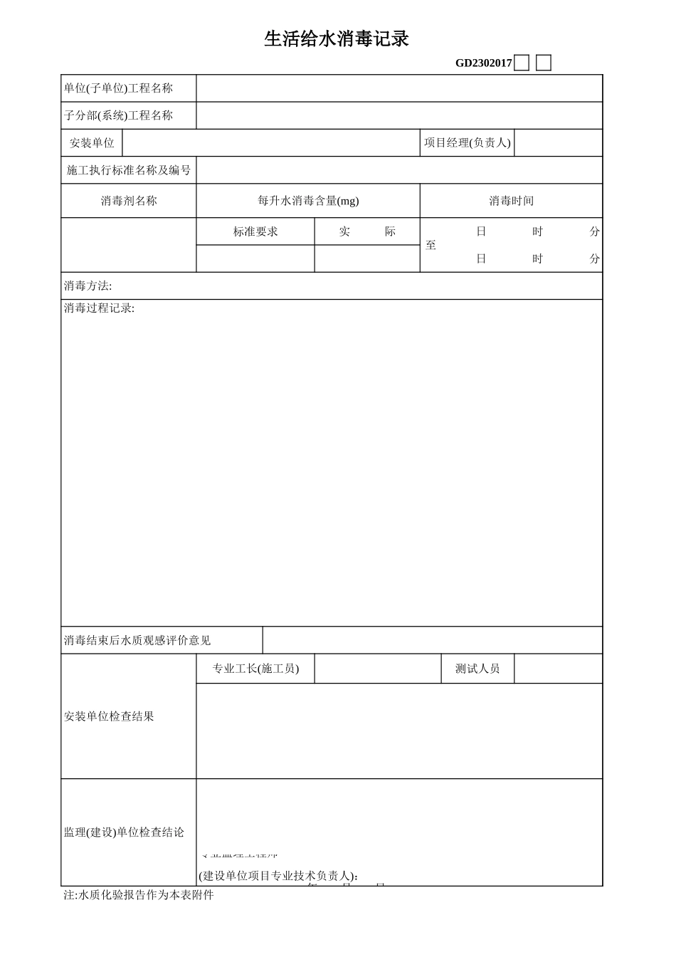 2025年工程建设资料：2、生活给水消毒记录.xls_第1页