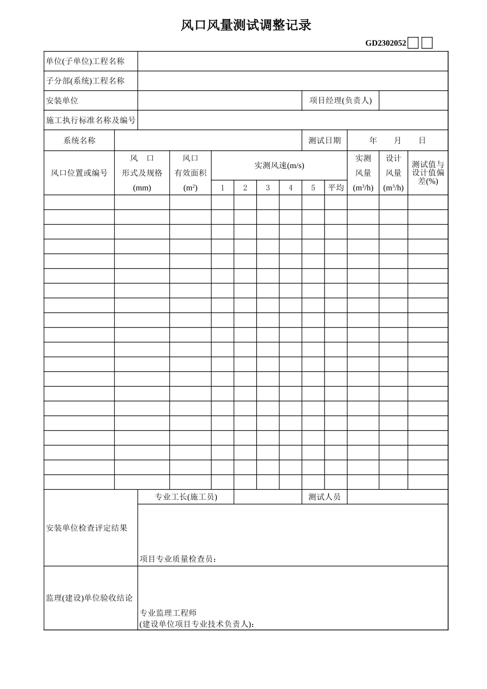 2025年工程建设资料：13、风口风量测试调整记录.xls_第1页