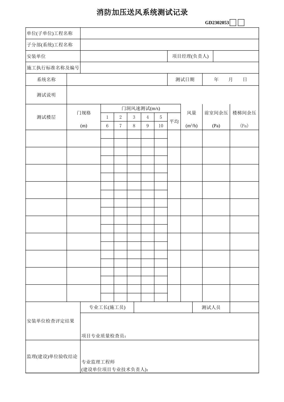 2025年工程建设资料：14、消防加压送风系统测试记录.xls_第1页