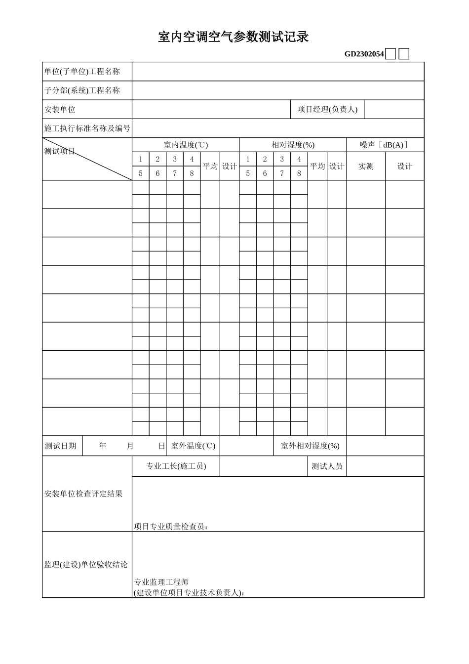 2025年工程建设资料：15、室内空调空气参数测试记录.xls_第1页