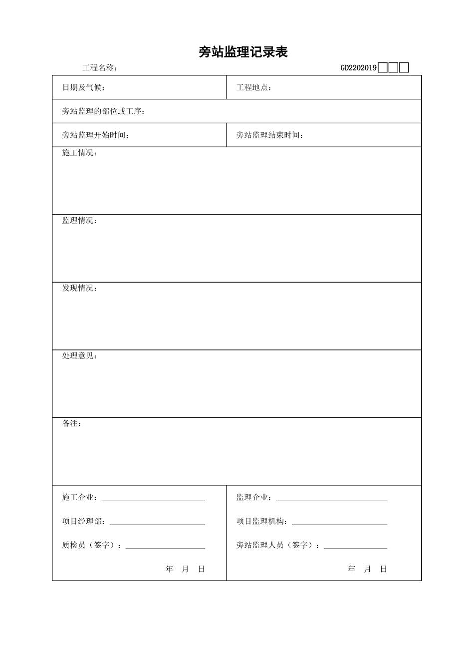 2025年工程建设资料：19、旁站监理记录表.xls_第1页