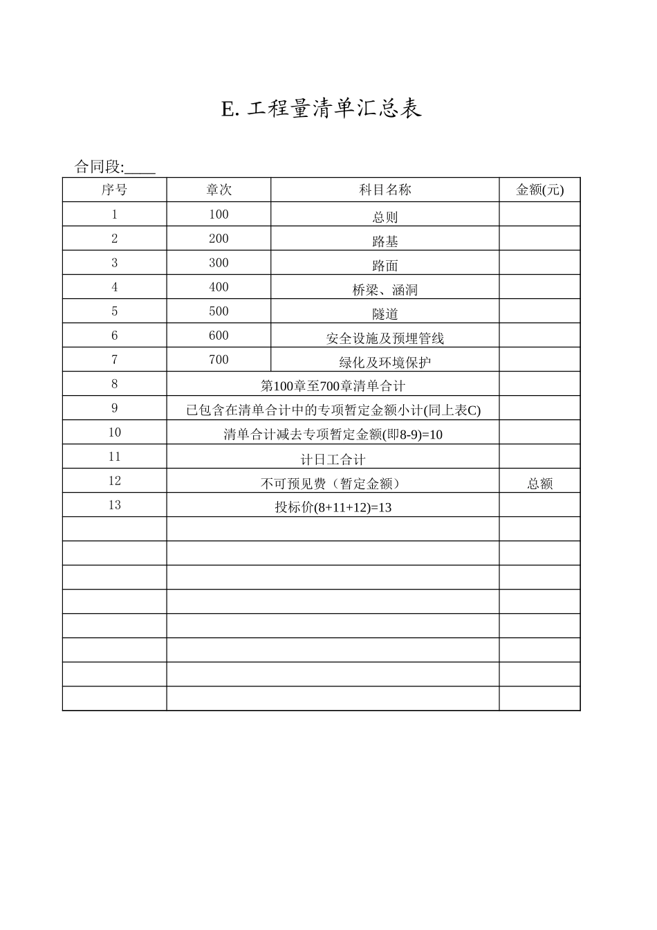 2025年工程建设资料：E工程量清单汇总表.xls_第1页