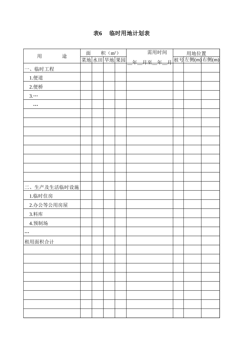 2025年工程建设资料：表6临时占地计划表.xls_第1页